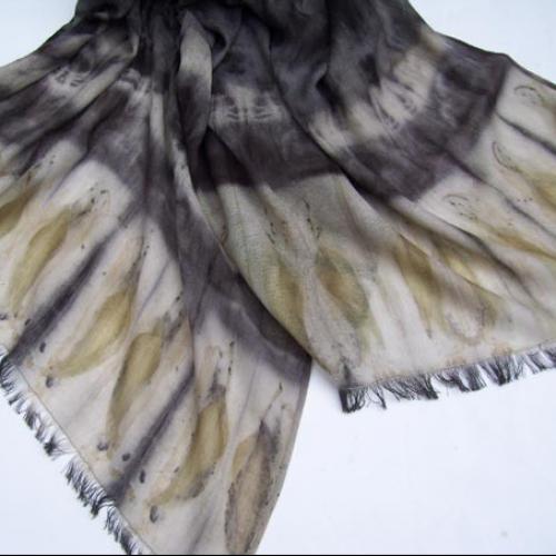 Local Gumleaf Imprint in Grey & Olive on Wool & Cashmere Shawl